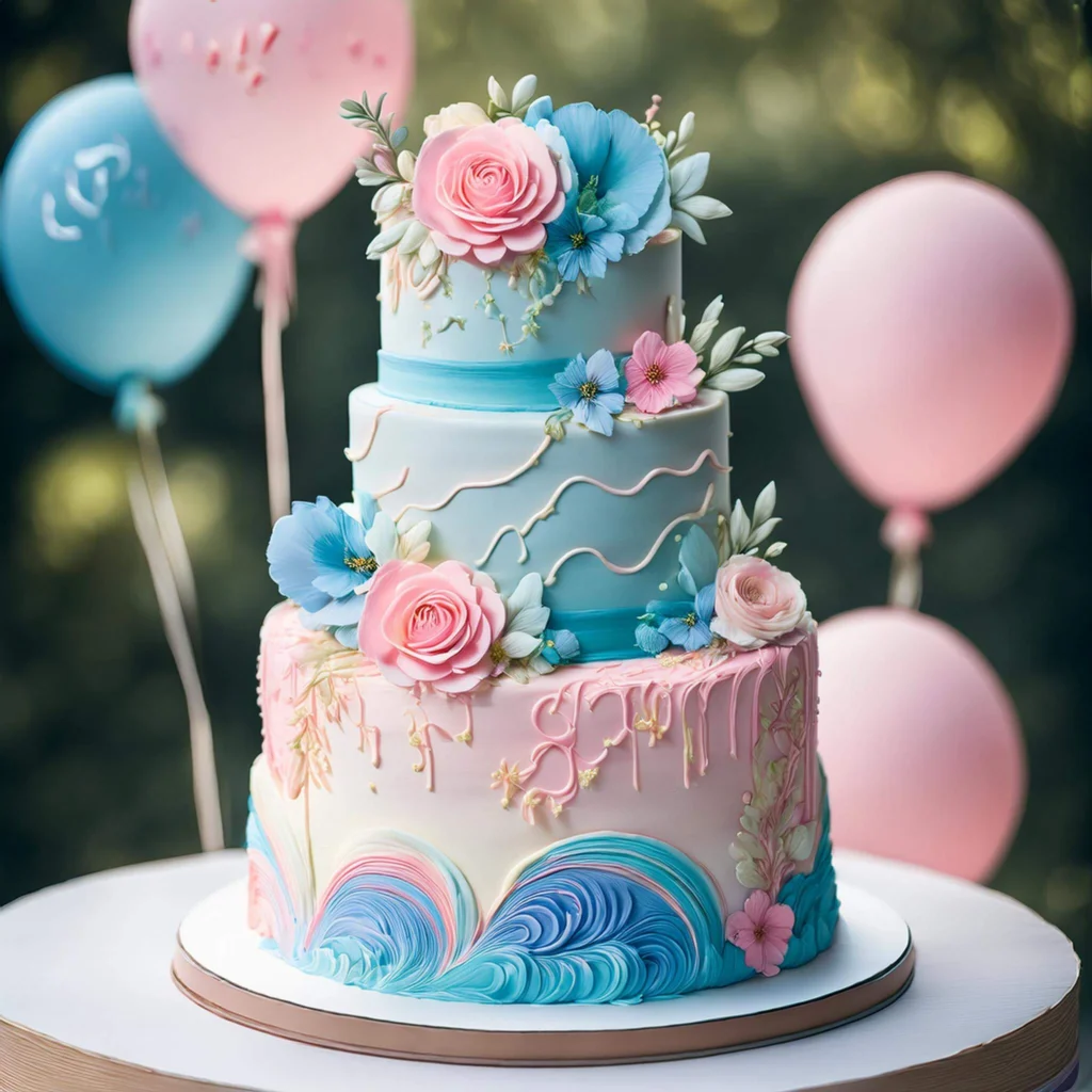 A beautifully decorated cake with fondant details for a gender reveal party