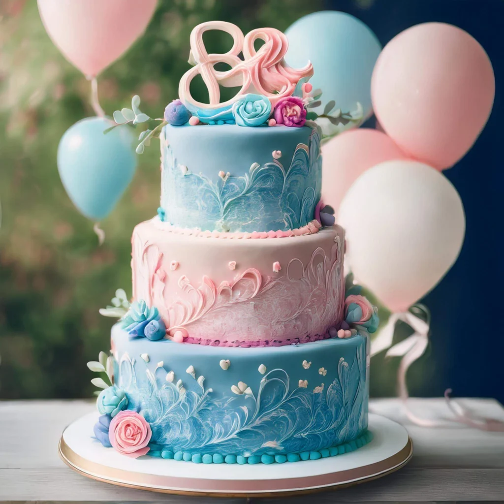 A close-up of a pink and blue gender reveal cake with a slice cut to reveal the surprise