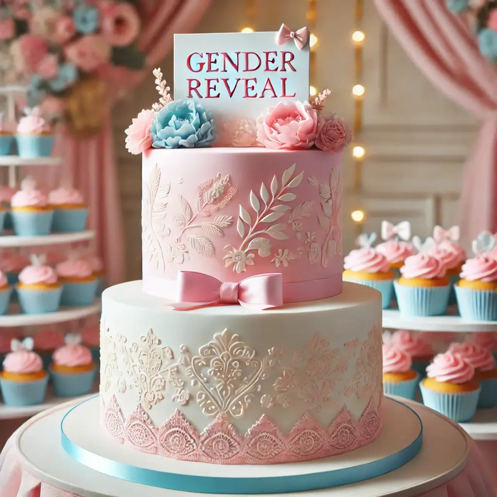 Creative layered cake with a blue surprise filling for a gender reveal event