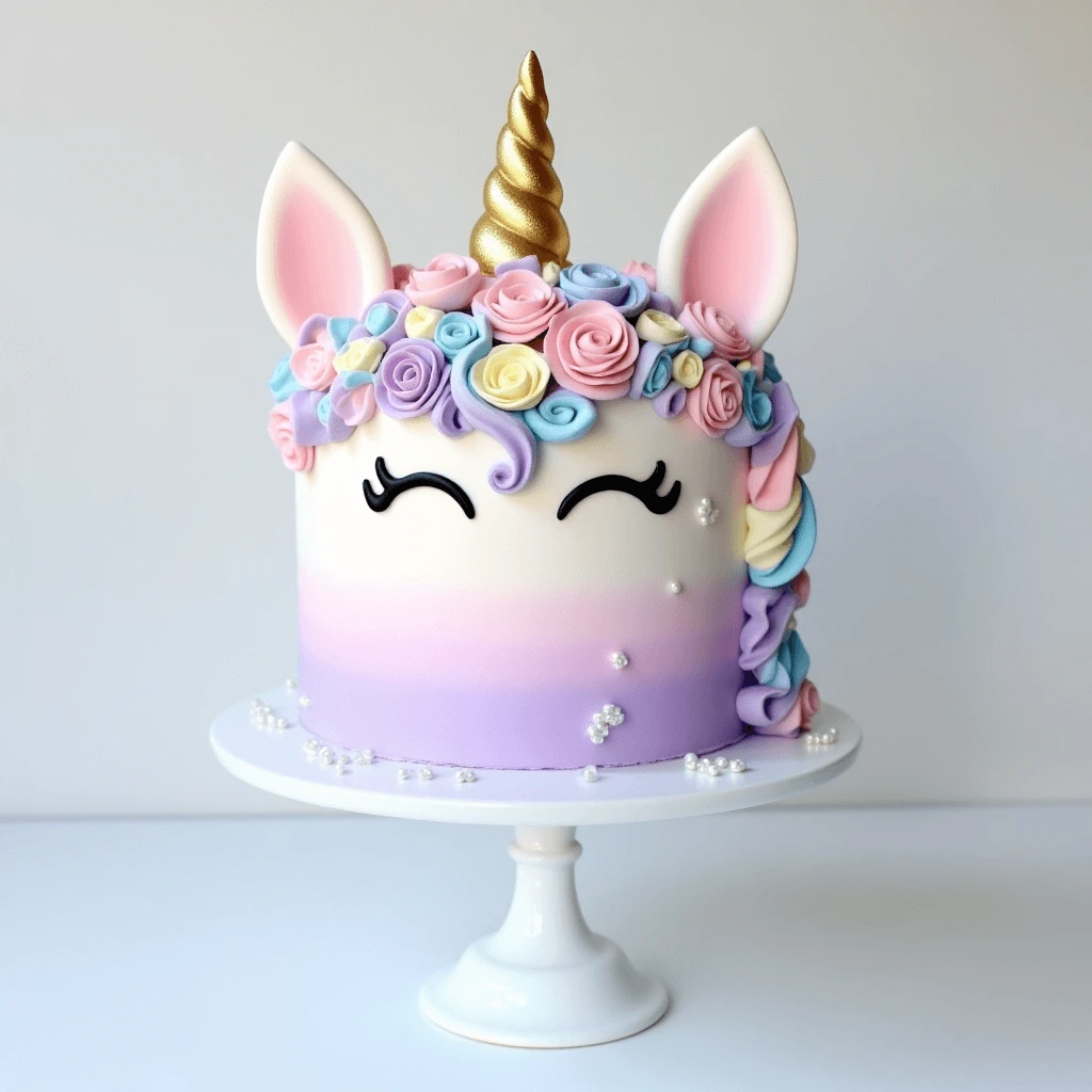 Pastel unicorn cake with fondant unicorn topper, golden horn, and pastel-colored flowers on a white cake stand