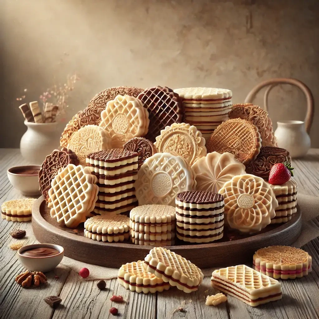 An assortment of delicious wafer cookies with different layers and fillings, arranged on a rustic wooden plate