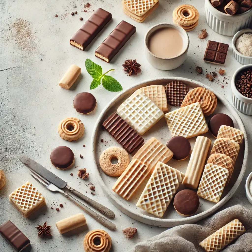 Delicious homemade wafer cookies stacked on a plate, with a golden-brown crispy texture