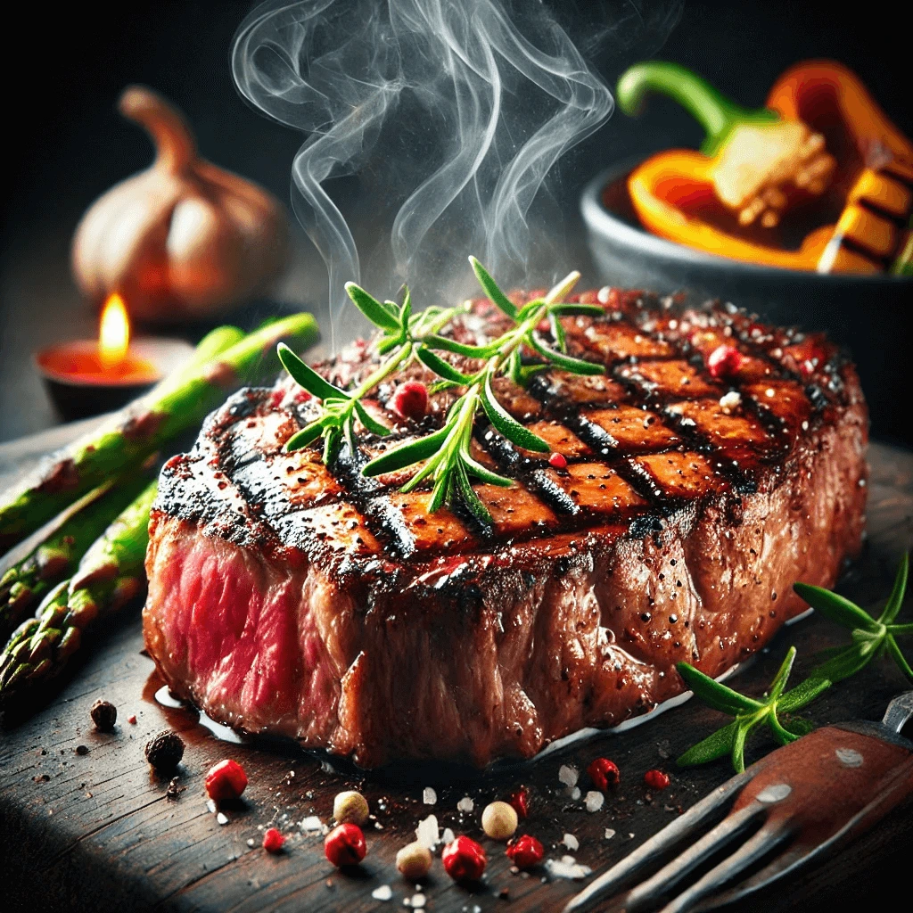 Juicy Delmonico steak cooked to perfection, garnished with fresh herbs