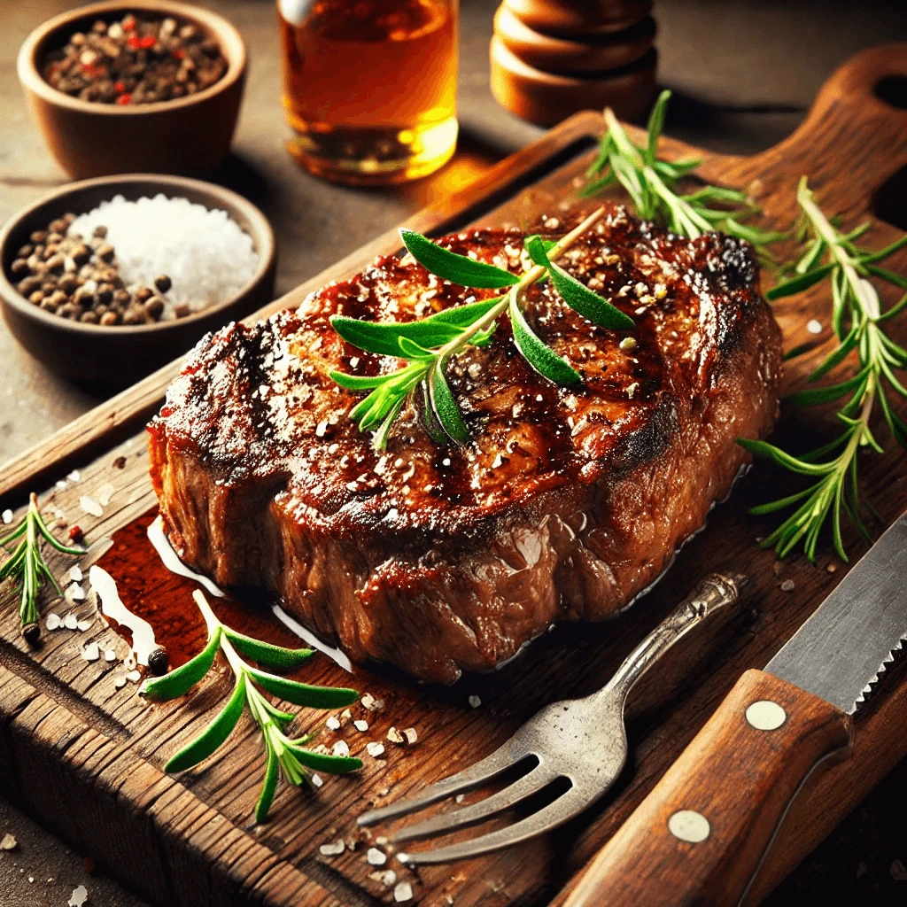 Ingredients for preparing a flavorful steak dinner, including seasonings and fresh vegetables