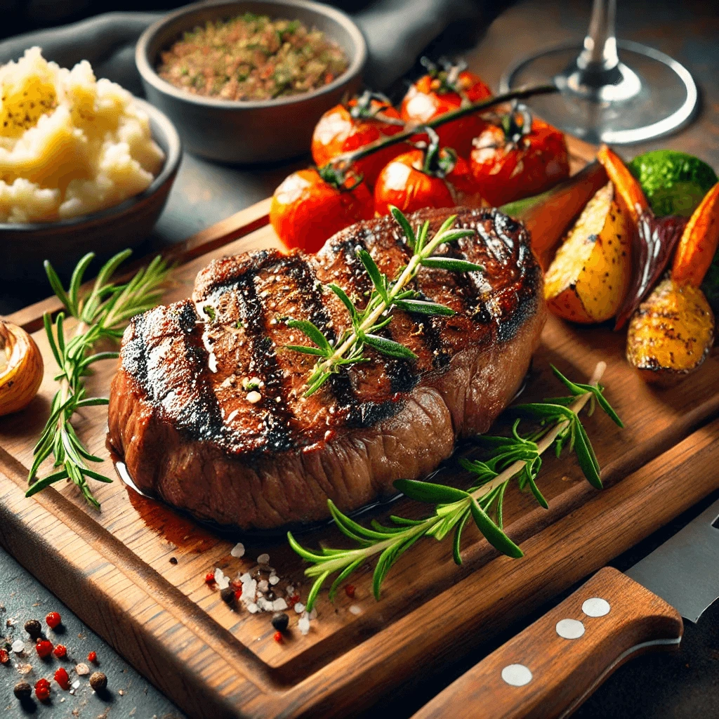 Delmonico steak cooked to perfection with a side of mashed potatoes