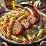 Family enjoying kielbasa pasta meal together at the dining table