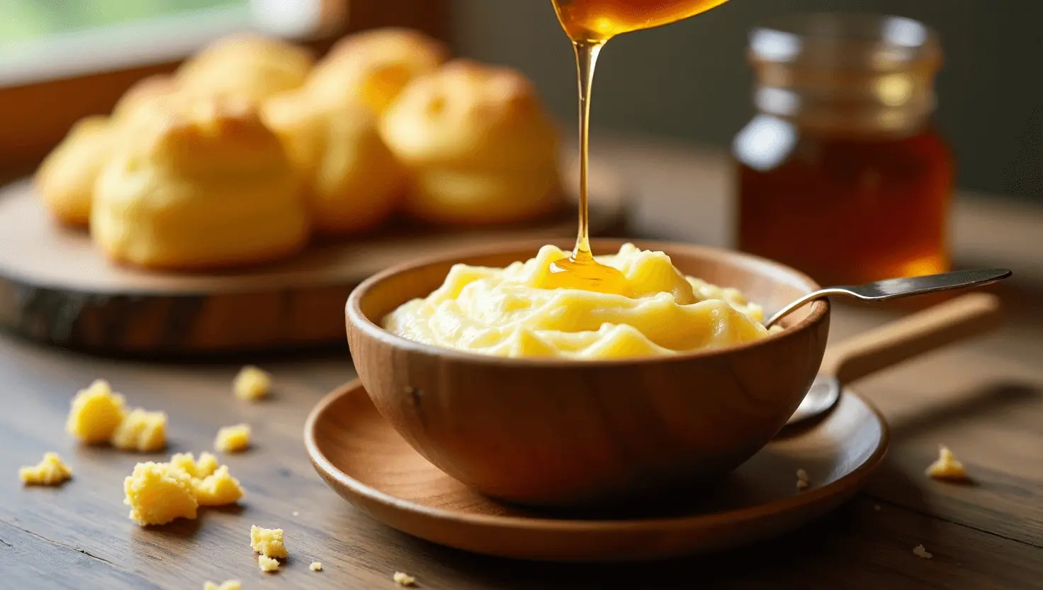 Smooth honey butter in a small wooden bowl, ready for cornbread cookies.
