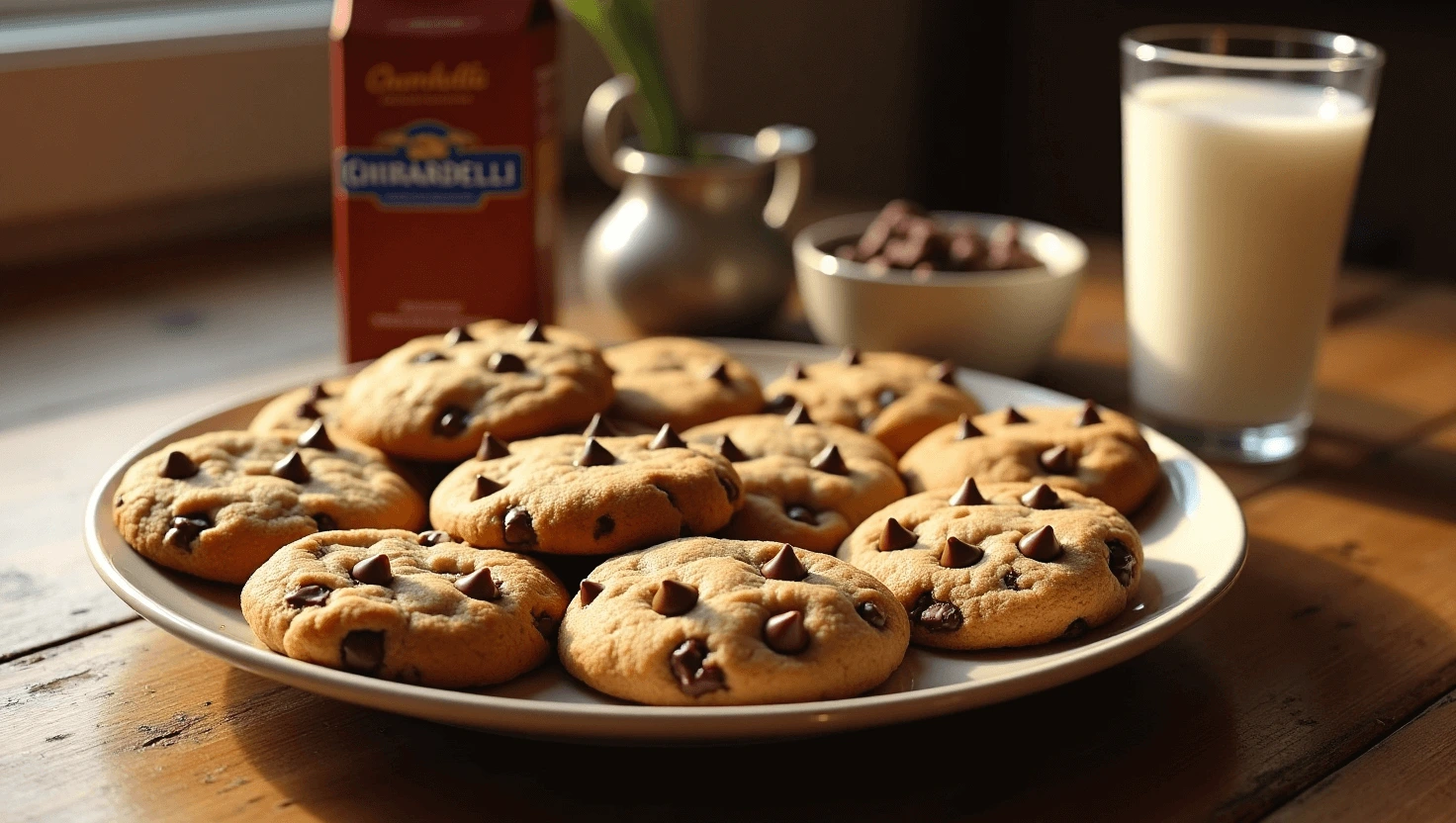 Golden-brown Ghirardelli chocolate chip cookies on a rustic wooden table