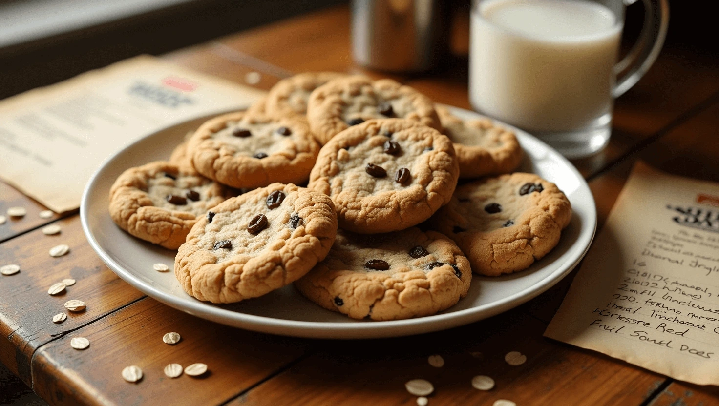 Freshly baked Quaker Oats oatmeal cookies on a rustic wooden table