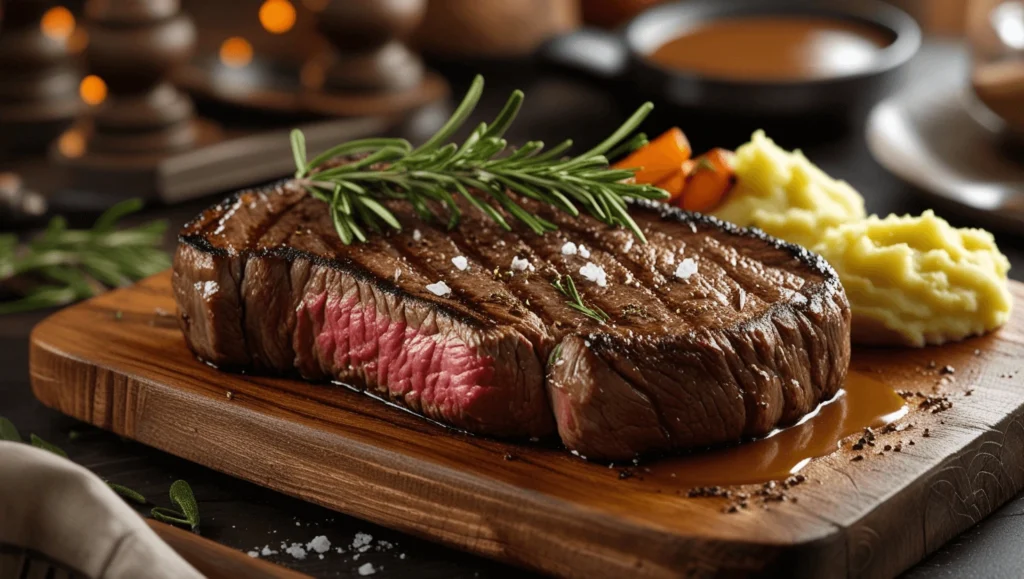 Perfectly seared cowboy steak with a juicy pink center and crispy grill marks