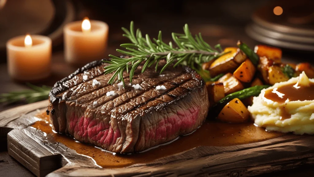 Cowboy steak served with roasted vegetables and mashed potatoes