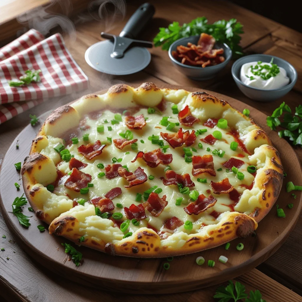 Mashed potato bacon pizza served with dipping sauces, fresh herbs, and a side salad.