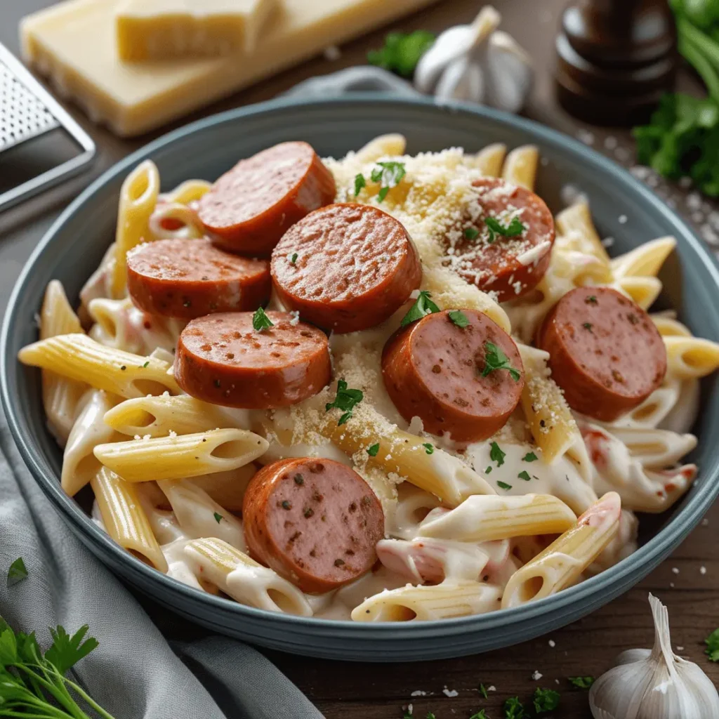 Kielbasa sausage and pasta cooked together in a pan