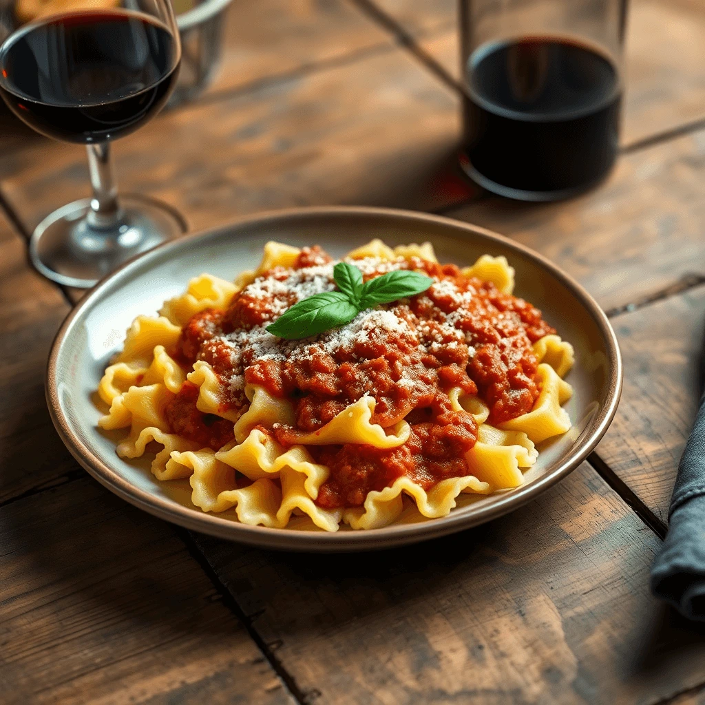 Plate of mafaldine pasta with rich Bolognese sauce, garnished with fresh basil and Parmesan cheese