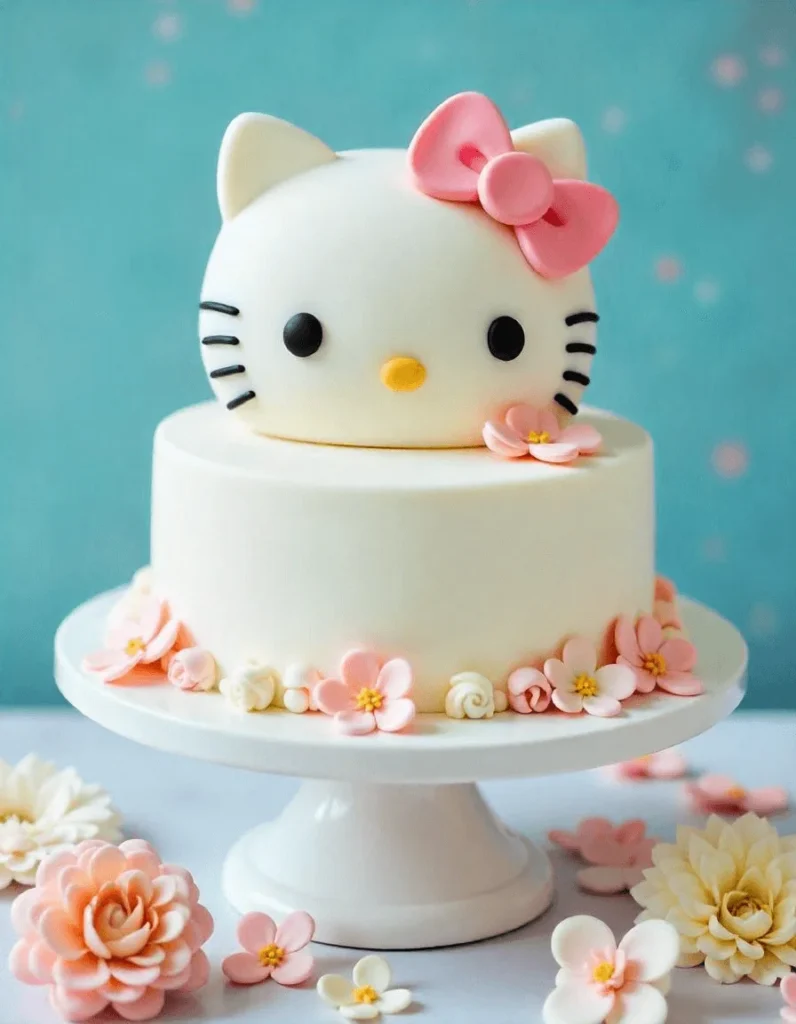 Close-up of Hello Kitty's face on a cake, featuring black eyes and a yellow nose