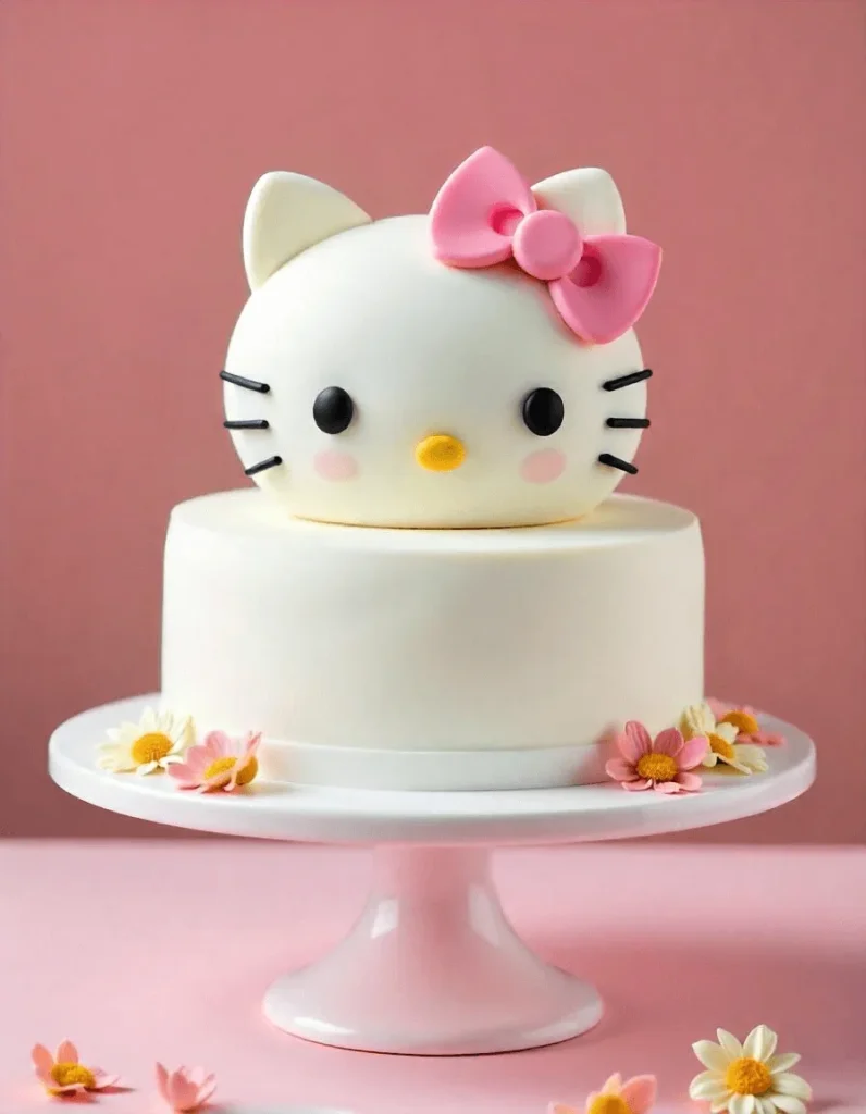 Whimsical pastel-colored flowers surrounding a Hello Kitty-themed cake