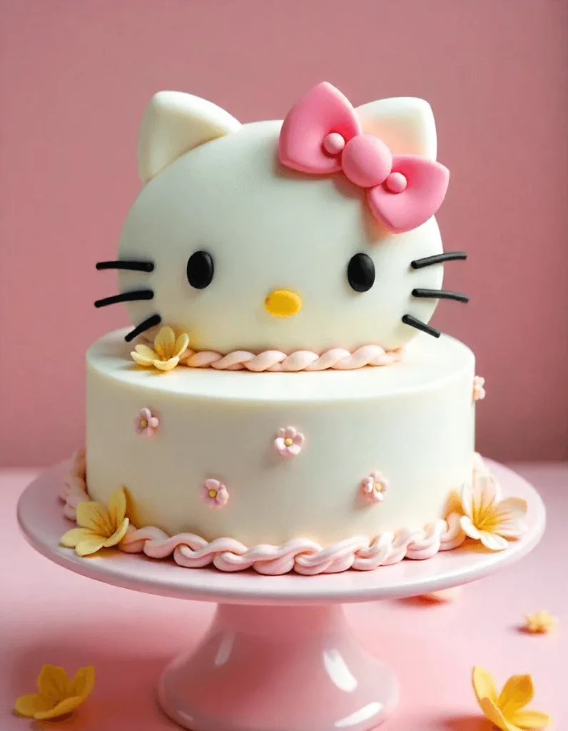 Detailed decoration of a cake featuring Hello Kitty’s signature whiskers and bow