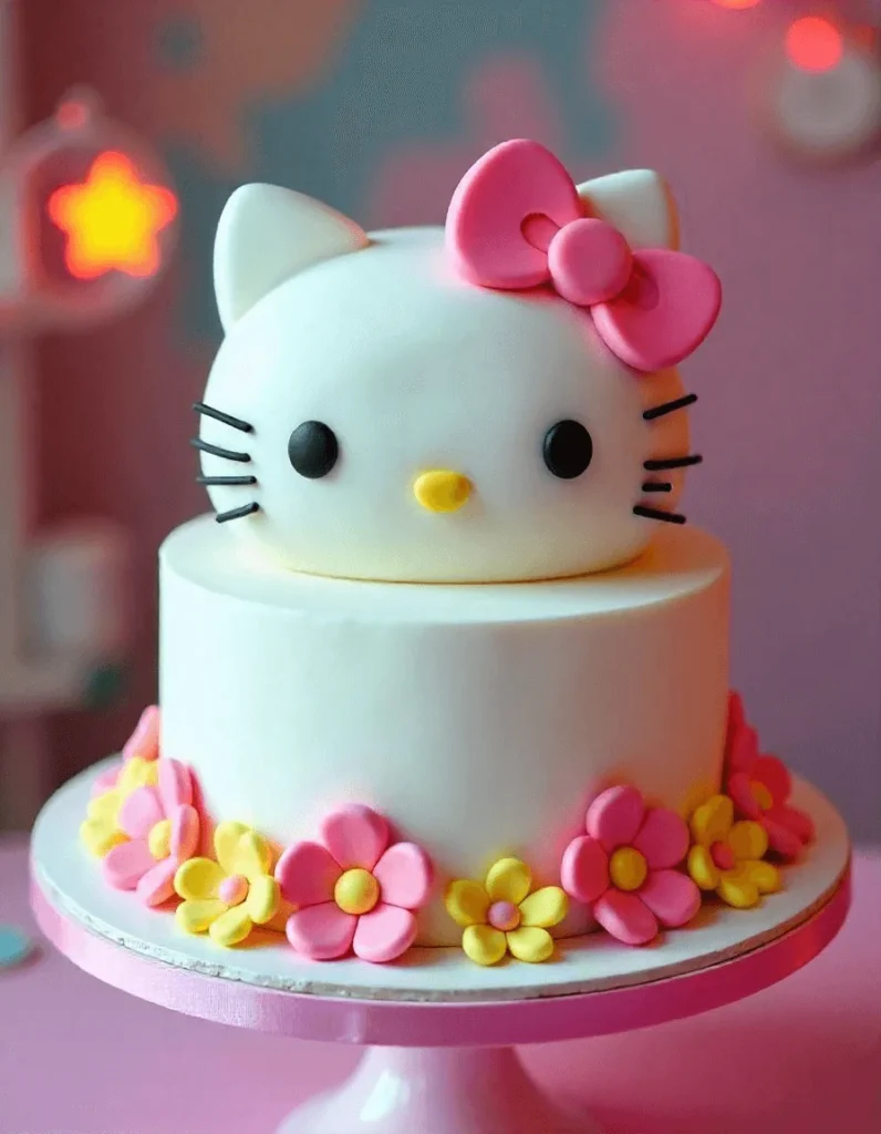 Bright and playful Hello Kitty cake with a polished fondant finish