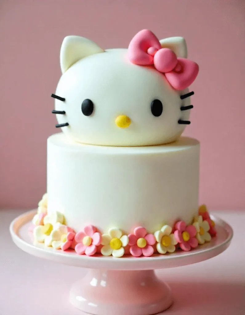 Elegant cake stand holding a beautifully decorated Hello Kitty cake