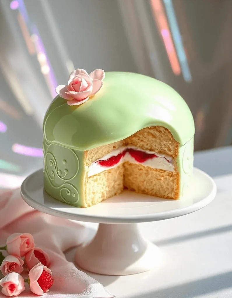 Close-up of a pink marzipan rose on top of a Swedish Princess Cake.