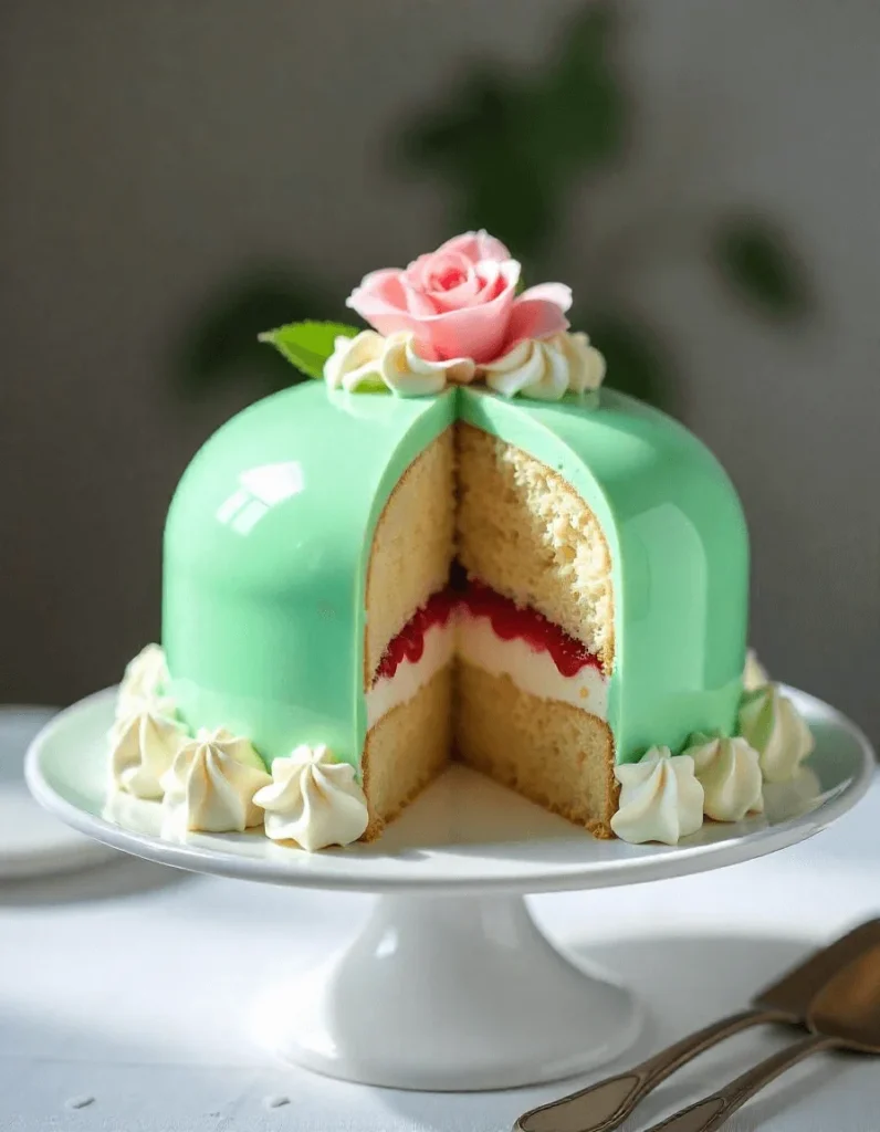 Swedish Princess Cake on a decorated table with matching pink and green party decorations.