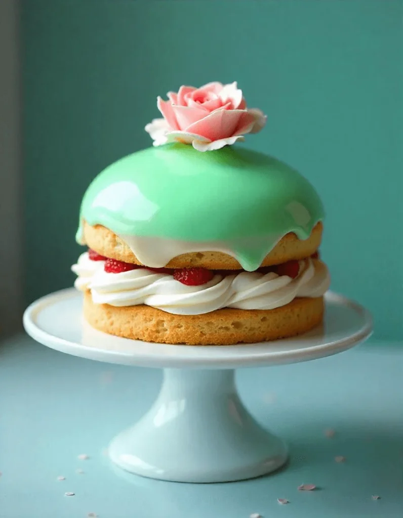 Cross-section of a Princess Cake showing layers of sponge, cream, and raspberry jam