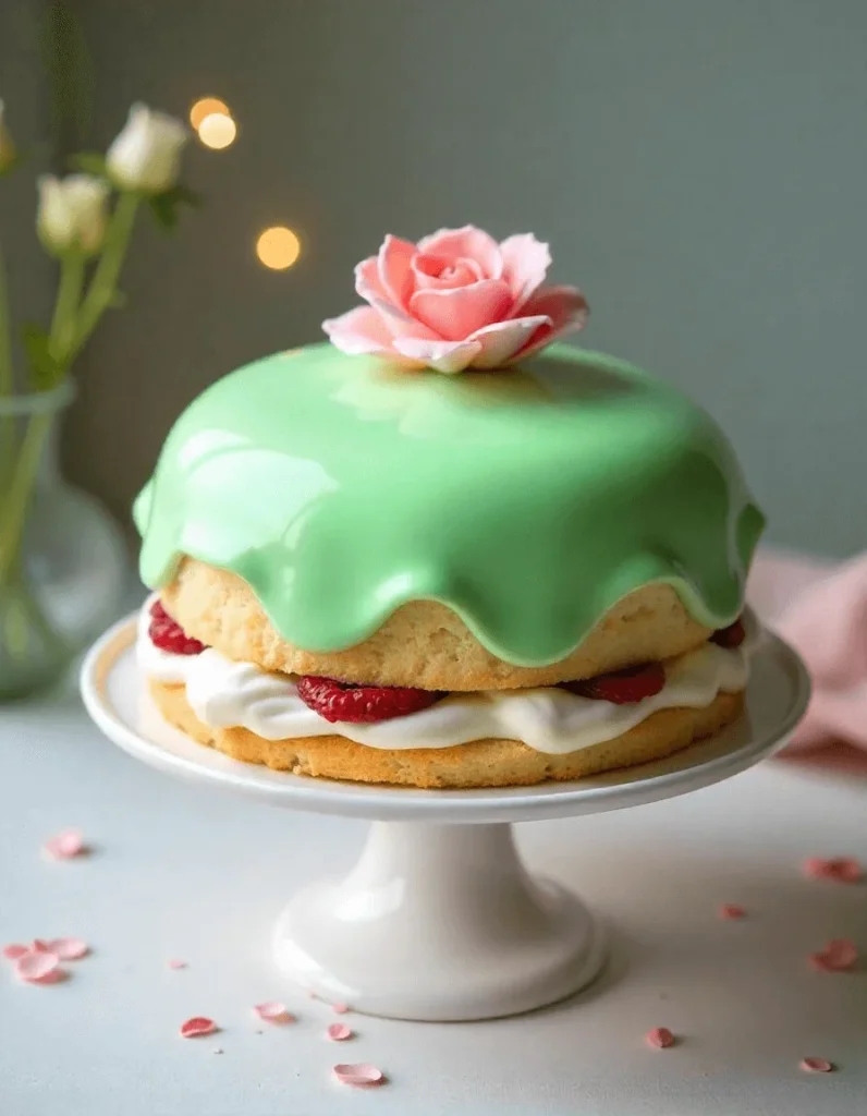 Hands smoothing green marzipan over a Princess Cake with a rolling pin nearby.