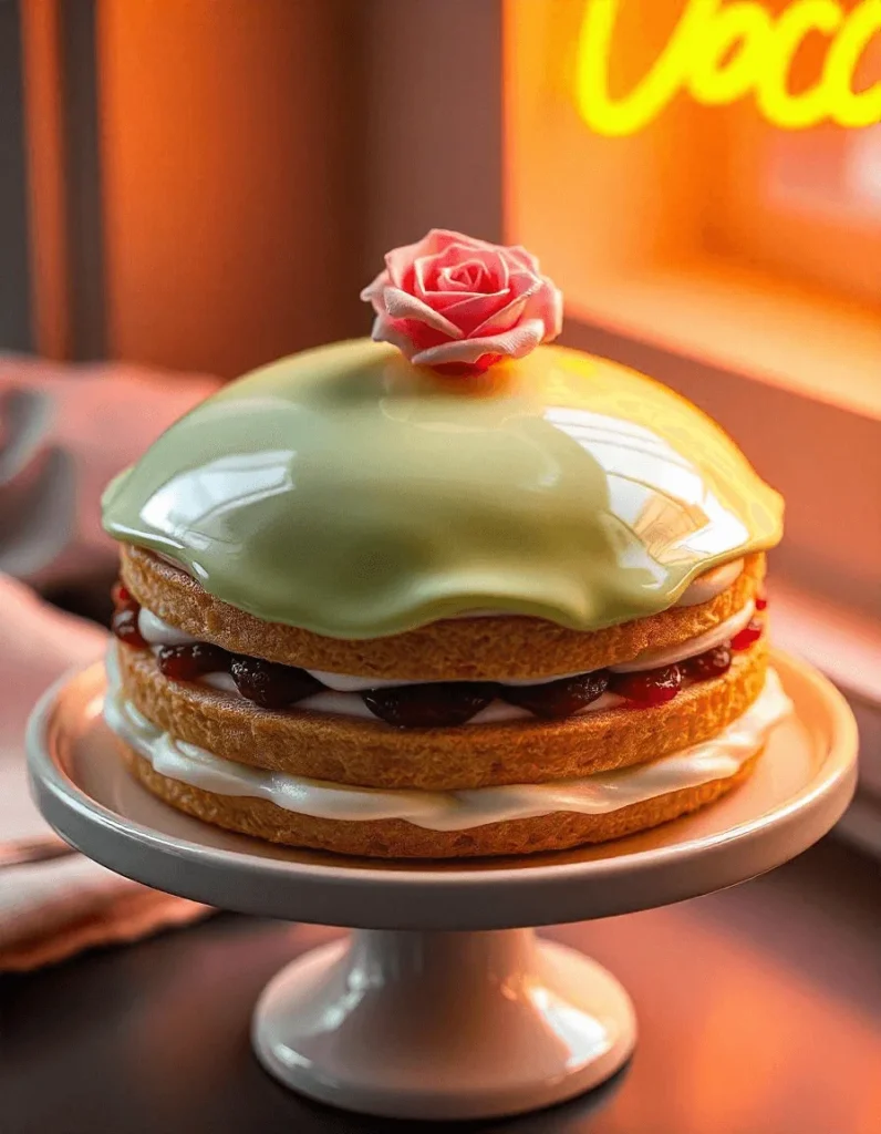 Swedish Princess Cake with a smooth marzipan dome and a pink rose topper