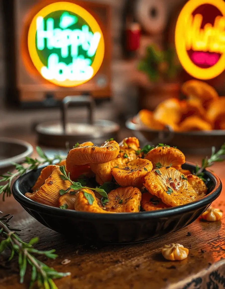 Cooked Chicken of the Woods mushrooms in a savory dish with herbs and vegetables