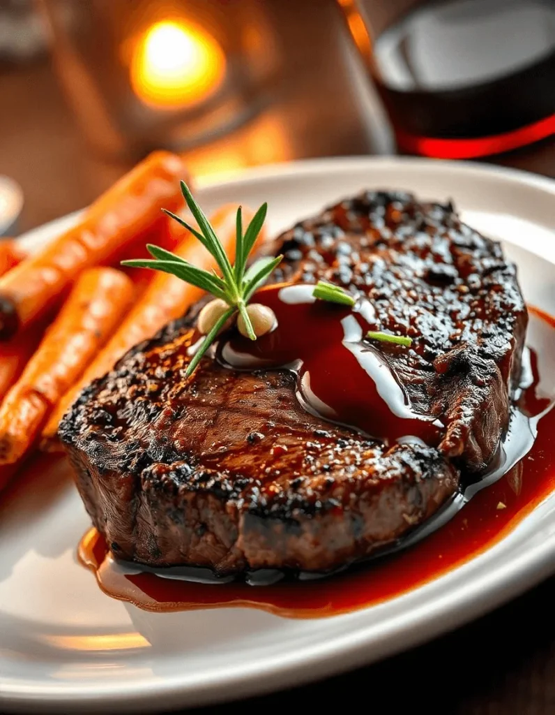 Venison steak with a red wine reduction sauce