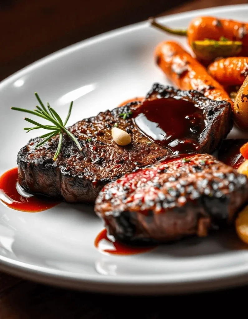 Sliced venison steak on a wooden board