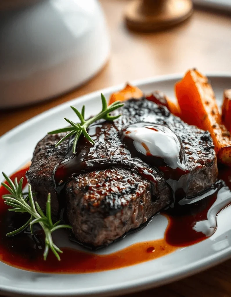 Venison steak with mashed potatoes and greens