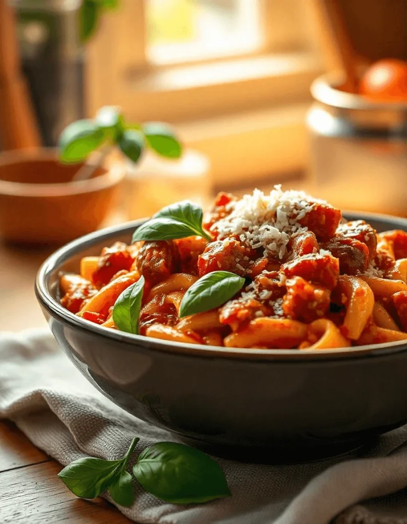 Wheel pasta with meatballs in a rich tomato sauce