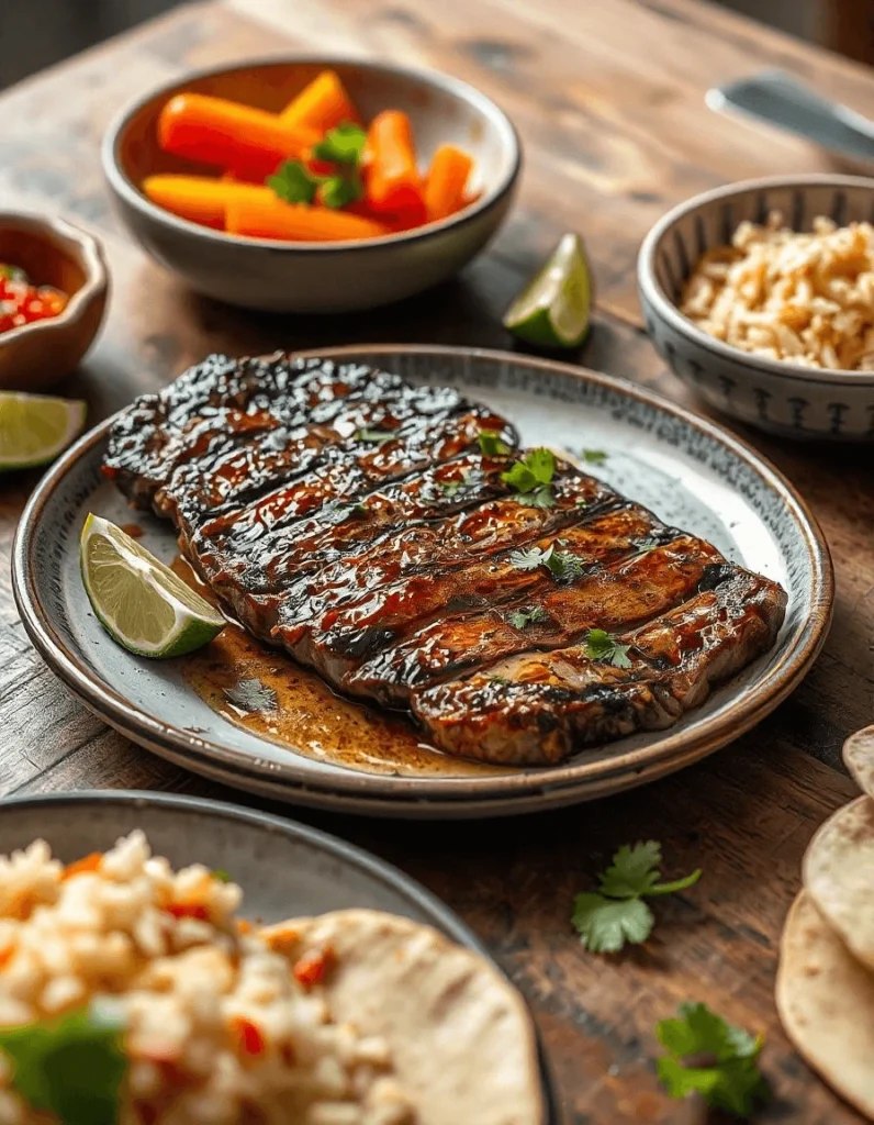 Close-up of perfectly grilled steak with smoky charred edges and vibrant marinade