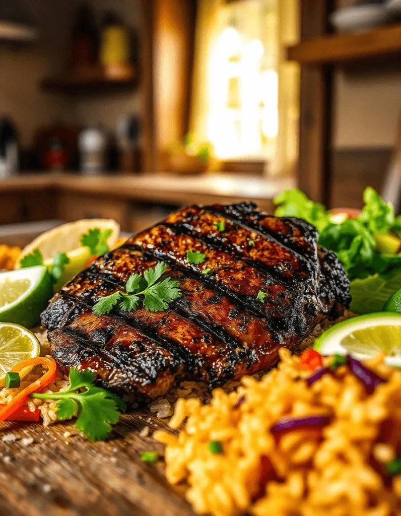 Sliced grilled steak served with lime and cilantro garnishes