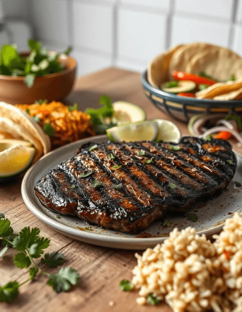 Grilled steak tacos topped with avocado and salsa, served on soft tortillas