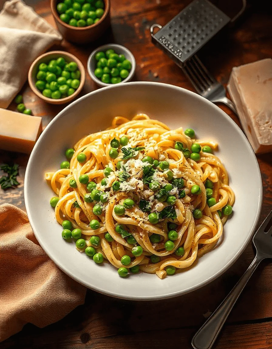 Close-up of creamy pasta and peas in a white bowl.