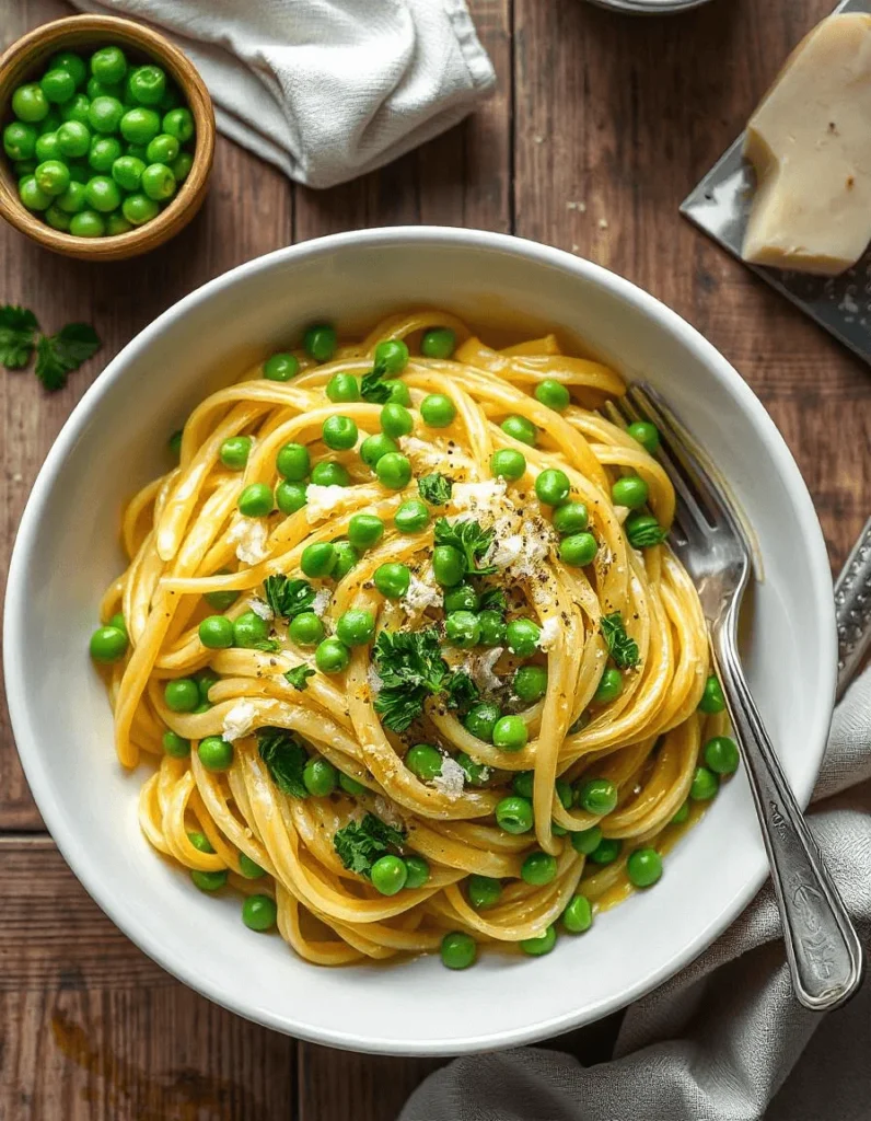 A plate of pasta and peas with bread and a drink on the side.