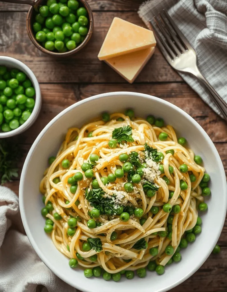 Pasta and peas simmering in a single pot.