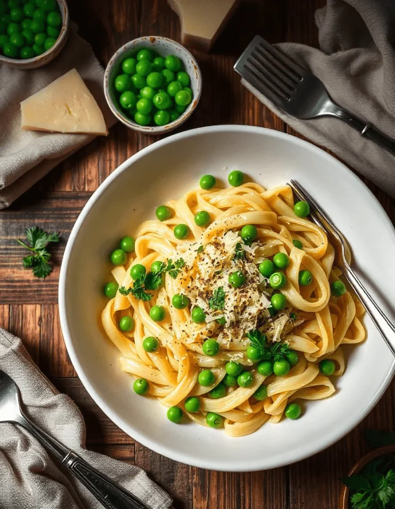 Creamy pasta and peas served with Parmesan and parsley garnish.