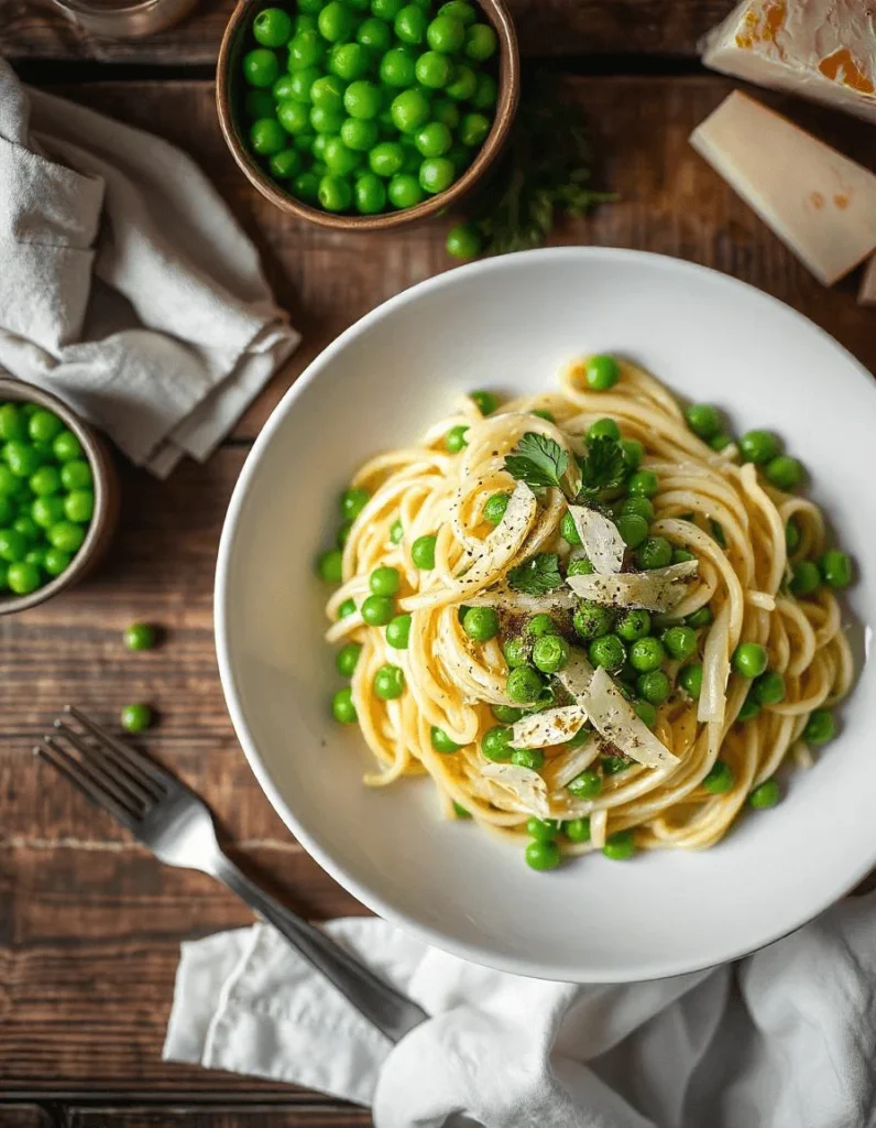 Ingredients for pasta and peas recipe on a wooden table