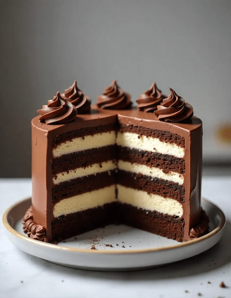 Sliced zebra cake on a rustic wooden table