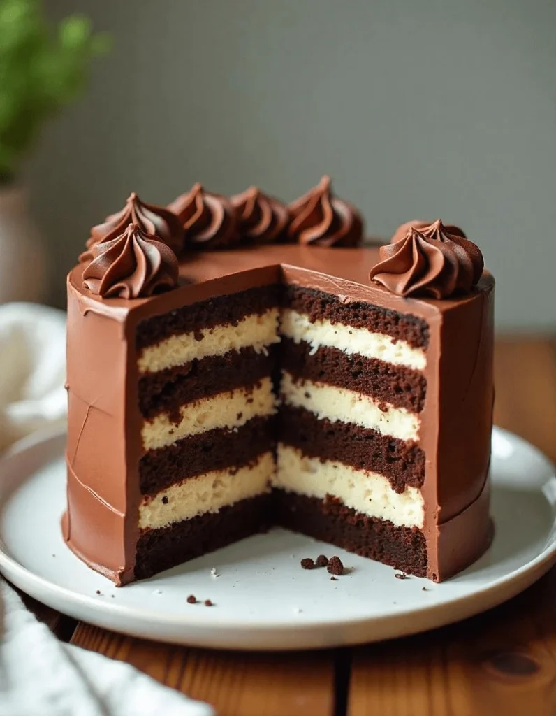 Delicious zebra cake with alternating chocolate and vanilla layers