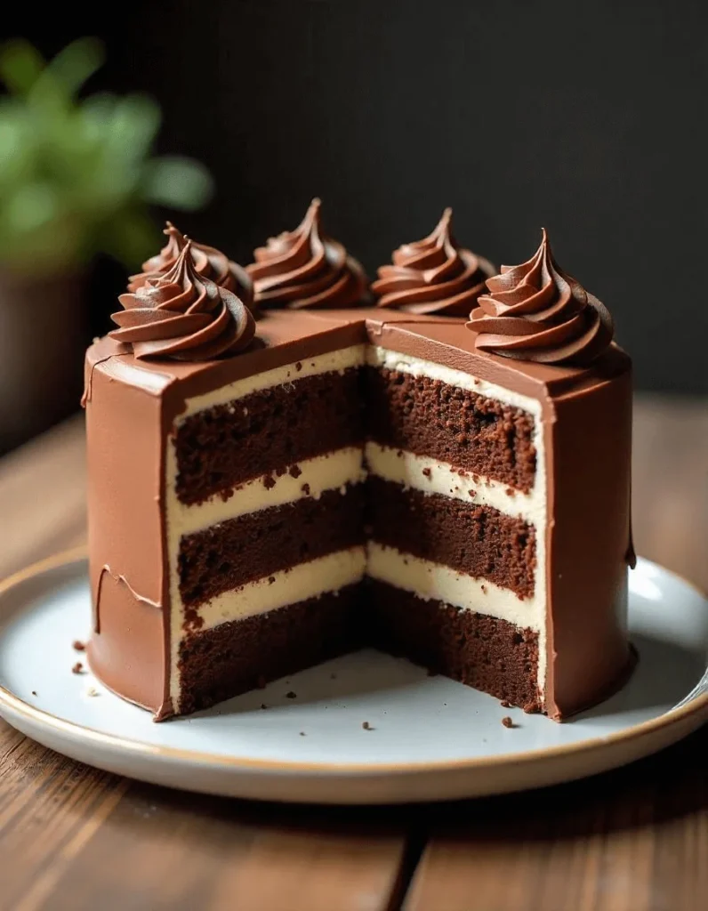 Zebra cake served on a decorative plate with a slice removed