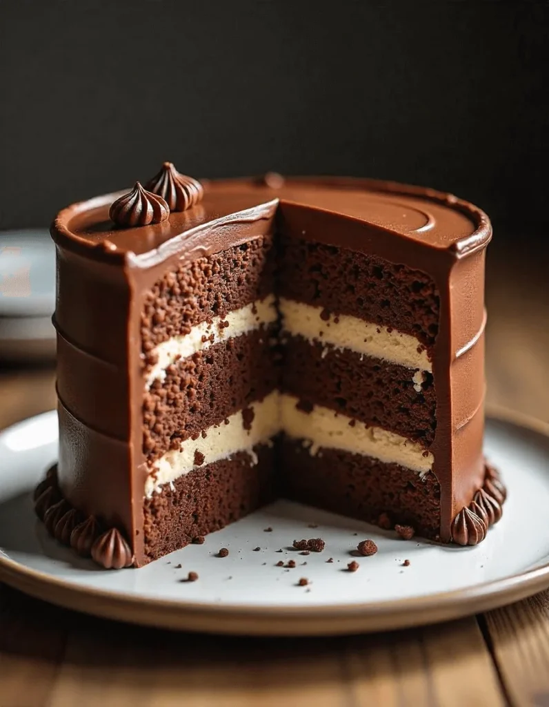 Close-up of zebra cake layers with smooth icing on top