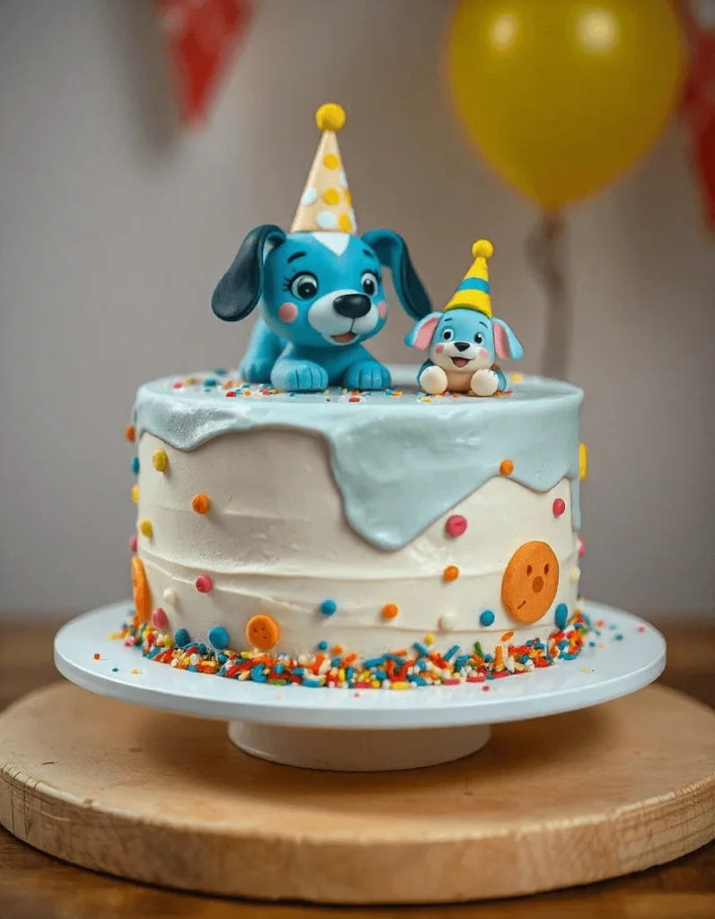 Close-up of a decorated cake with a cartoon dog theme