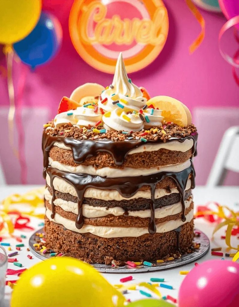 Ice cream cake with layers of vanilla, chocolate, and caramel flavors.