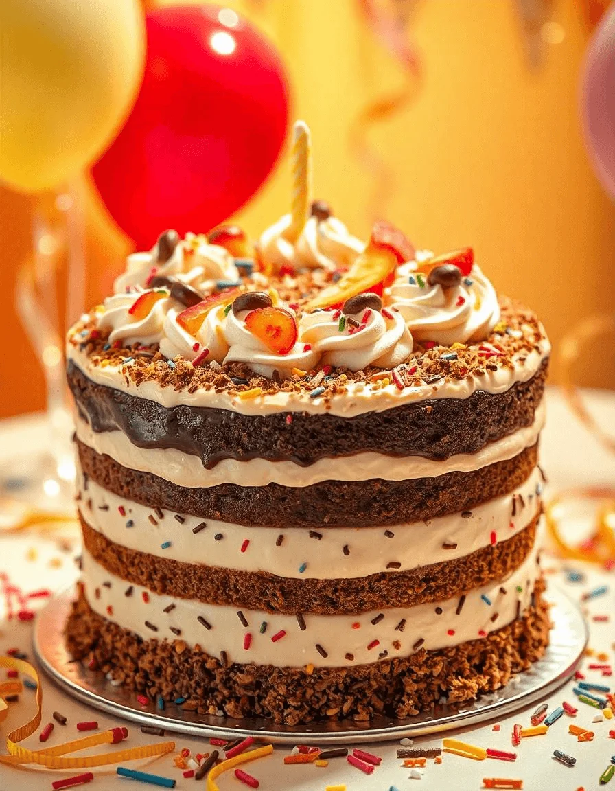 Close-up of an ice cream cake with a decorative topping of chocolate chips and nuts.