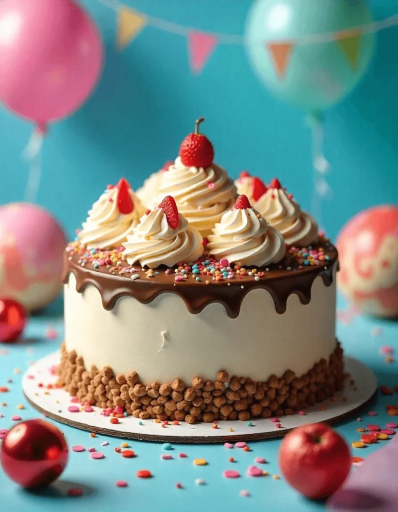 Close-up of an ice cream cake decorated with vibrant fruit toppings.