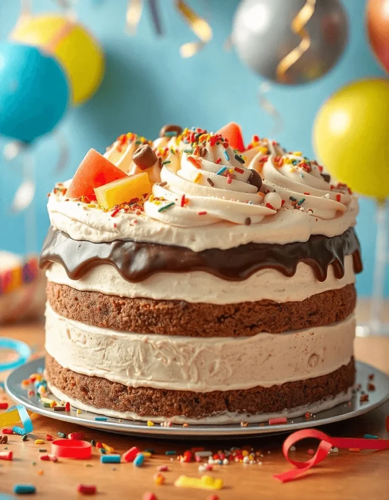 Close-up of a delicious ice cream cake with chocolate crunchies and whipped cream topping.